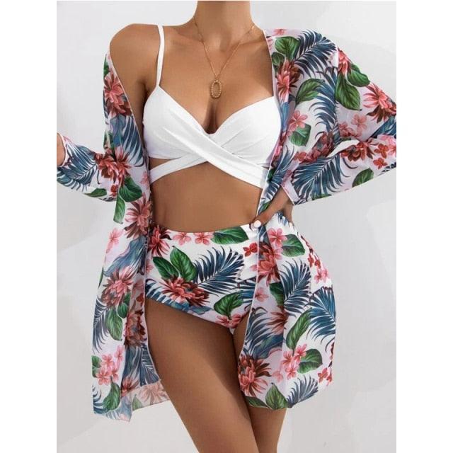 High-Waist Swimwear Set Summer Floral Print Bikini Swimsuit Beachwear Women  Push-Up Bathing Suit Tie Dye 3 Pieces Strings High Cut Bikini Set Bathing Suits