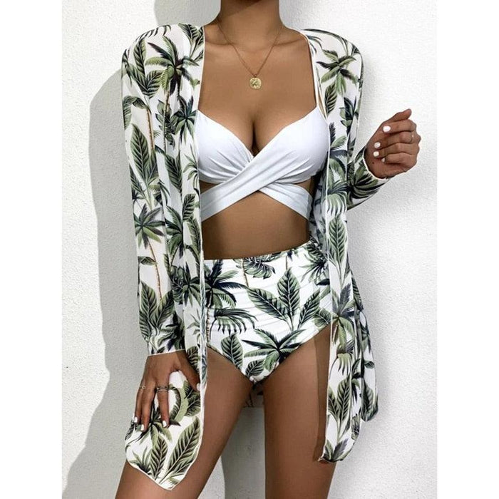 High-Waist Swimwear Set Summer Floral Print Bikini Swimsuit Beachwear Women  Push-Up Bathing Suit Tie Dye 3 Pieces Strings High Cut Bikini Set Bathing Suits