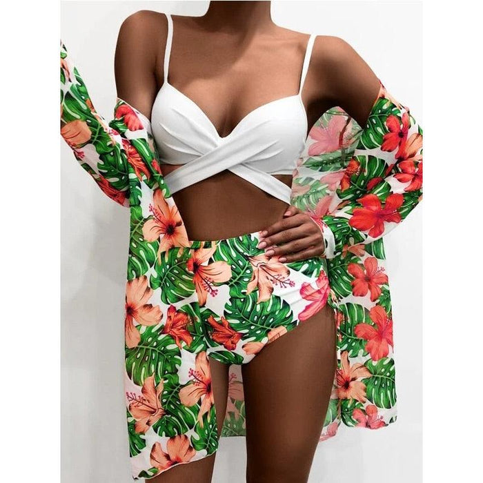 High-Waist Swimwear Set Summer Floral Print Bikini Swimsuit Beachwear Women  Push-Up Bathing Suit Tie Dye 3 Pieces Strings High Cut Bikini Set Bathing Suits