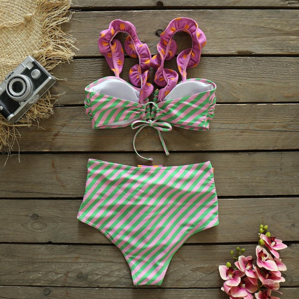 High Waist Swimwear Women Swimsuit Bikini Bandage Bikinis Set Padded Bathing Suit New Leaf Print Women's Bowknot Underwire Bra High Waist Bikini Set Swimwear Bikinis Swimsuit For Women