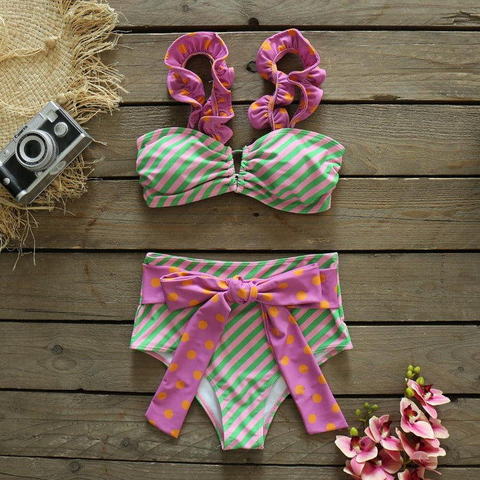 High Waist Swimwear Women Swimsuit Bikini Bandage Bikinis Set Padded Bathing Suit New Leaf Print Women's Bowknot Underwire Bra High Waist Bikini Set Swimwear Bikinis Swimsuit For Women