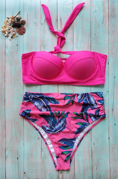 Leaf Floral Bikini Set Women Backless High-Waist Two Pieces Swimwear Beach Bathing Suits Swimsuits Women's Ruffle Bandage Bikini High Waist Bottoms Two Piece Swimsuits