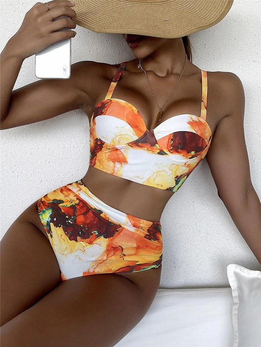 Leaf Floral Bikini Set Women Backless High-Waist Two Pieces Swimwear Beach Bathing Suits Swimsuits Women's Ruffle Bandage Bikini High Waist Bottoms Two Piece Swimsuits