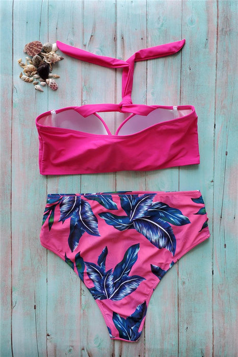 Leaf Floral Bikini Set Women Backless High-Waist Two Pieces Swimwear Beach Bathing Suits Swimsuits Women's Ruffle Bandage Bikini High Waist Bottoms Two Piece Swimsuits