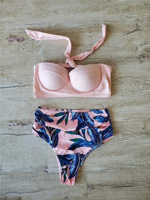 Leaf Floral Bikini Set Women Backless High-Waist Two Pieces Swimwear Beach Bathing Suits Swimsuits Women's Ruffle Bandage Bikini High Waist Bottoms Two Piece Swimsuits