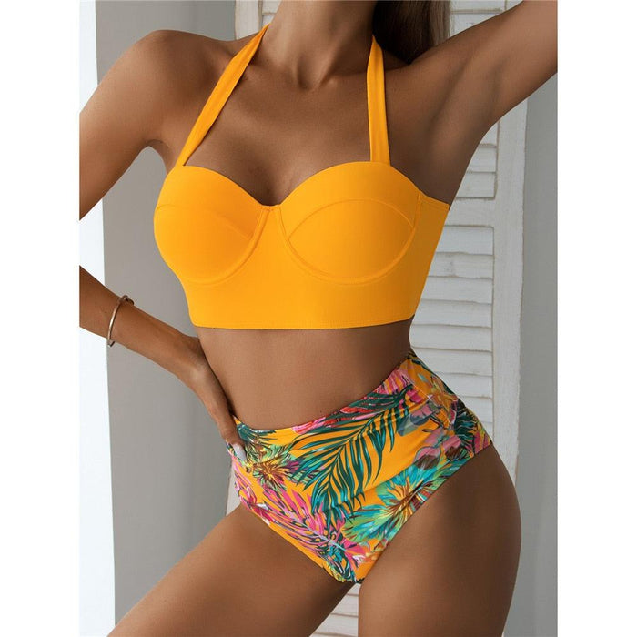 Leaf Floral Bikini Set Women Backless High-Waist Two Pieces Swimwear Beach Bathing Suits Swimsuits Women's Ruffle Bandage Bikini High Waist Bottoms Two Piece Swimsuits