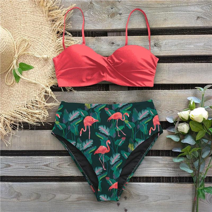 Leaf Print Bikini Female Swimsuit Women's Bathing Suits Triangle Bikini High Waist Bottoms Two Piece Swimsuits Women Swimwear Thong Push Up Bikinis Set High Waist Swimming Suits for Bathing Suit