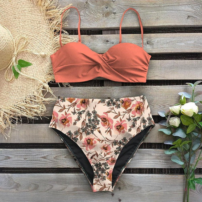 Leaf Print Bikini Female Swimsuit Women's Bathing Suits Triangle Bikini High Waist Bottoms Two Piece Swimsuits Women Swimwear Thong Push Up Bikinis Set High Waist Swimming Suits for Bathing Suit