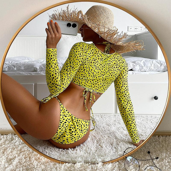 Leopard Print 3 Piece Set Long Sleeves Swimsuit 3 Piece Swimsuit Set Halter High Waist Bathing Suit With Long Sleeve Swimwear Cover Up Women's Swimming Bikini Low Waist Swimwear Women Bathing Suit