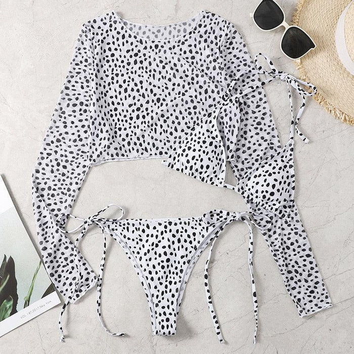 Leopard Print 3 Piece Set Long Sleeves Swimsuit 3 Piece Swimsuit Set Halter High Waist Bathing Suit With Long Sleeve Swimwear Cover Up Women's Swimming Bikini Low Waist Swimwear Women Bathing Suit