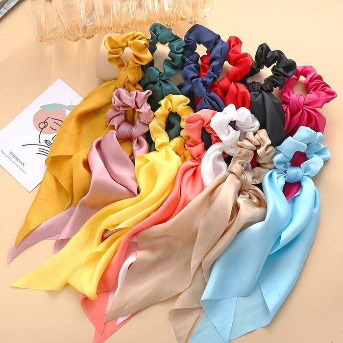 Long Ribbon Women Ponytail Scrunchies Scarf Elastic Hair Band Knotted Streamer Hair Ties Silky Satin Hair Rope Ponytail Holder Accessories for Women