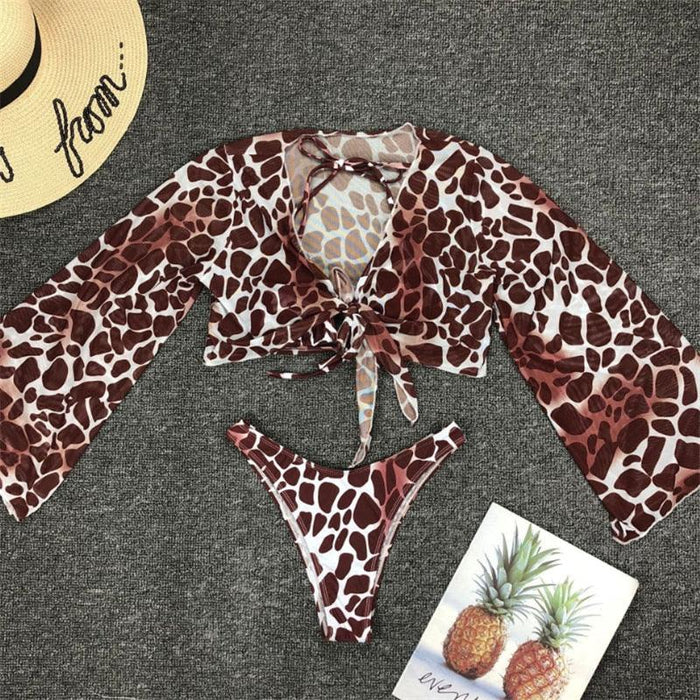 Long Sleeve Mesh Bikini Swimwear Women Three Pieces Leopard Swimsuit Female Summer  Bathing Suit Brazilian 3 Pieces Set Knot Front Off Shoulder Cover Up with Halter Bikini Sets Bathing Suit