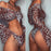 Long Sleeve Mesh Bikini Swimwear Women Three Pieces Leopard Swimsuit Female Summer  Bathing Suit Brazilian 3 Pieces Set Knot Front Off Shoulder Cover Up with Halter Bikini Sets Bathing Suit