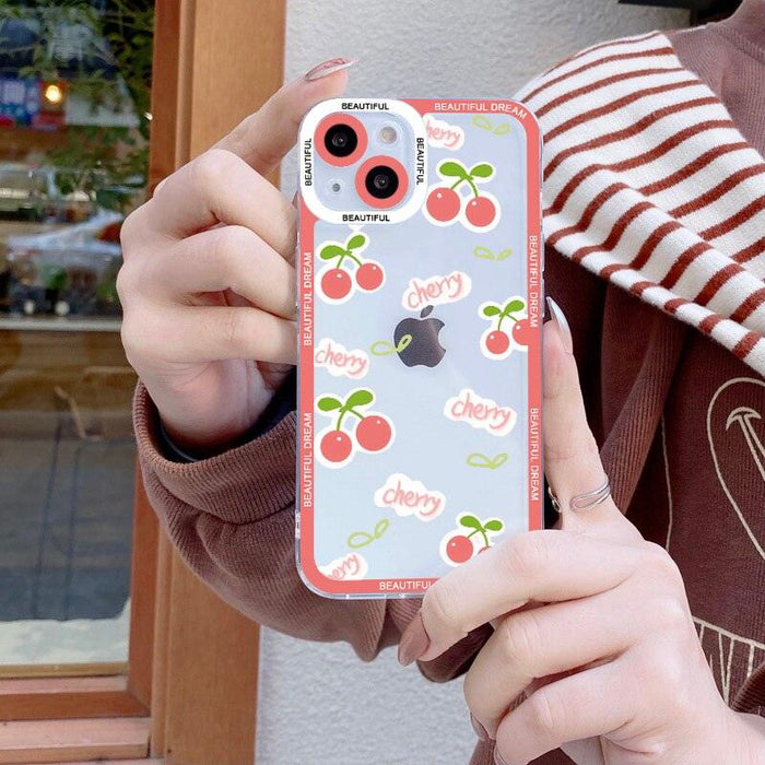 Lovely Cherry Strawberry Clear Phone Case For iPhone 11 12 13 14 Pro Max 14 Plus XR XS X 7 8 Plus SE Transparent Shockproof Protective Cute Cool Pink Phone Case Designed for iPhone