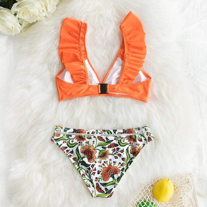 Low-waist Bikinis Set Swimwear Women Swimsuits Bathing Suit Orange Floral Ruffled Bikini Beachwear Bikini Swimsuits Ruffle Floral Two Piece Bathing Suits Printed Halter Neck Swimwear Beachwear