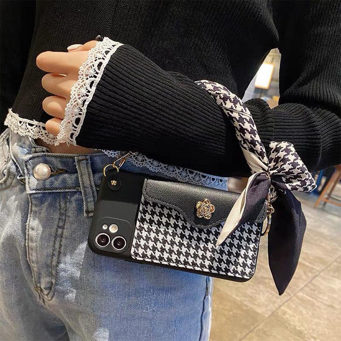 Luxurious Handbag Back Card Slot Lanyard Phone Case For iPhone 13 12 11 Pro X XS XR Max Fabric Shockproof Shell Cute Wallet Case Flip Folio Credit Card Holder Soft Silicone Girls Lady Handbag Case