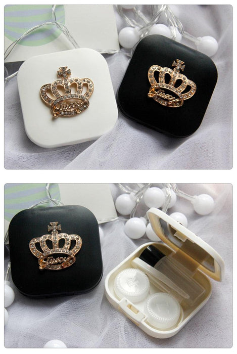 Luxury Black White Contact Lenses Case Crown Design Travel Lens Set With Mirror Eye Lenses Holder Contact Lens Case Kit With Holder Tweezers Mirror Contact Box Container For Cosmetic Contact Lens