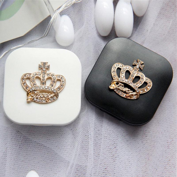 Luxury Black White Contact Lenses Case Crown Design Travel Lens Set With Mirror Eye Lenses Holder Contact Lens Case Kit With Holder Tweezers Mirror Contact Box Container For Cosmetic Contact Lens