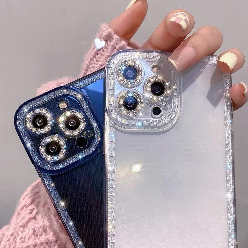 Luxury Crystal Diamond Bumper Clear Case for iPhone 13 12 11 Pro Max X XR XS 8Plus Soft Transparent Shiny Design Shockproof Bumper Soft Case Slim Cute Transparent Silicone Cover