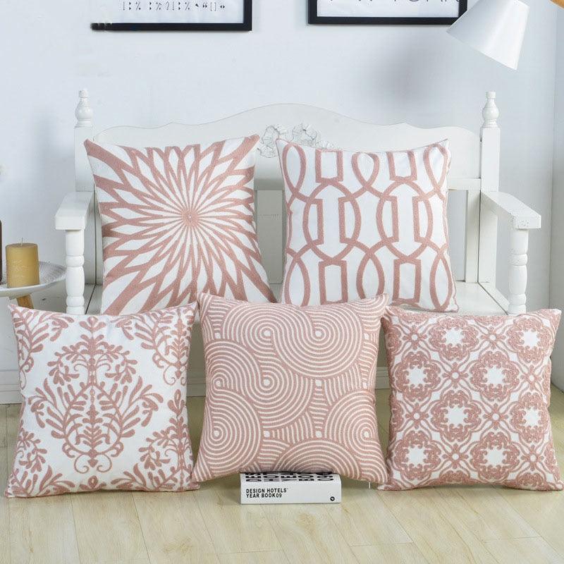 Luxury Embroidered Pink Pillow Cover Elegant Cushions Cover For Sofa Flower Geometric Cotton Pillow Case Throw Pillow Covers Modern Geometric Pillowcase Throw Cushion Cover for Bed Couch Sofa Office Decor 45*45