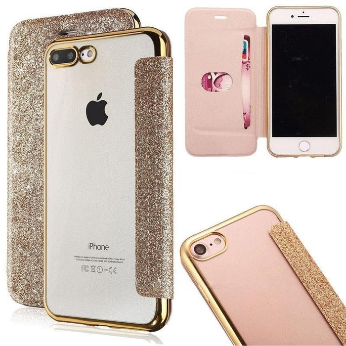 Luxury Glitter Leather Flip Wallet Case For iPhone 14 13 12 11 Pro XS Max XR X 7 8 Plus 6s Plus Clear Back Case iPhone Shiny Luxury Glitter Leather Case with Card Holder Flip Magnetic Closure Stand Cover