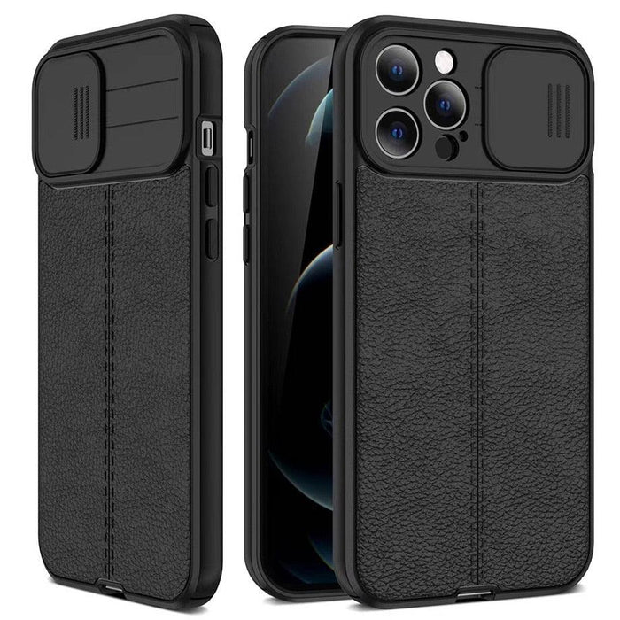 Luxury Leather Black Shockproof Phone Case on For iPhone 13 12 11 14 Pro Max XR X XSMax 14 Case Camera Lens Protection Soft Back Cover Thin Shockproof Case with Slide Camera Case for iPhone