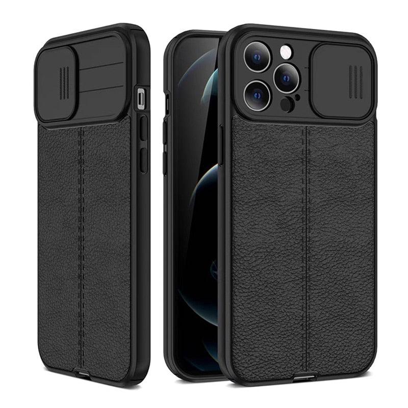 Luxury Leather Black Shockproof Phone Case on For iPhone 13 12 11 14 Pro Max XR X XSMax 14 Case Camera Lens Protection Soft Back Cover Thin Shockproof Case with Slide Camera Case for iPhone