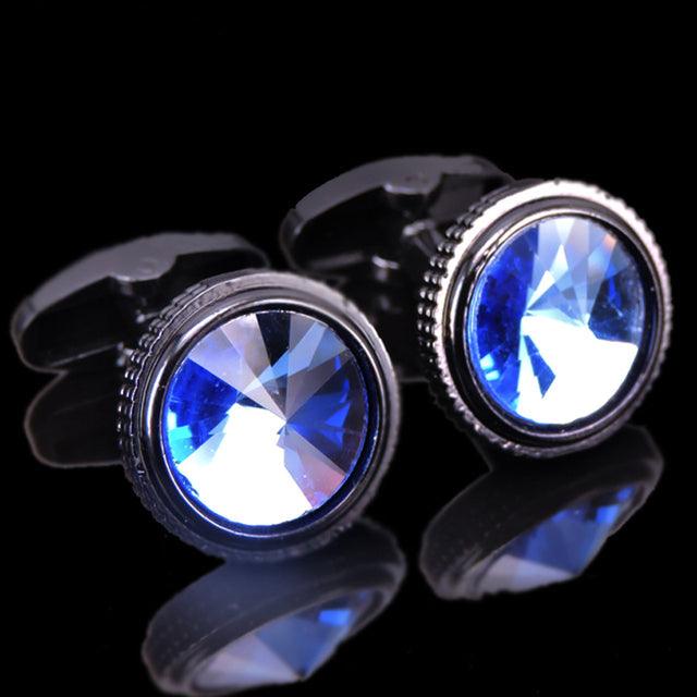 Luxury Men Shirt Cufflinks New Fashion Blue Crystal Cufflinks Gorgeous Elegant Round Cufflinks Wedding Gifts Party Cufflinks