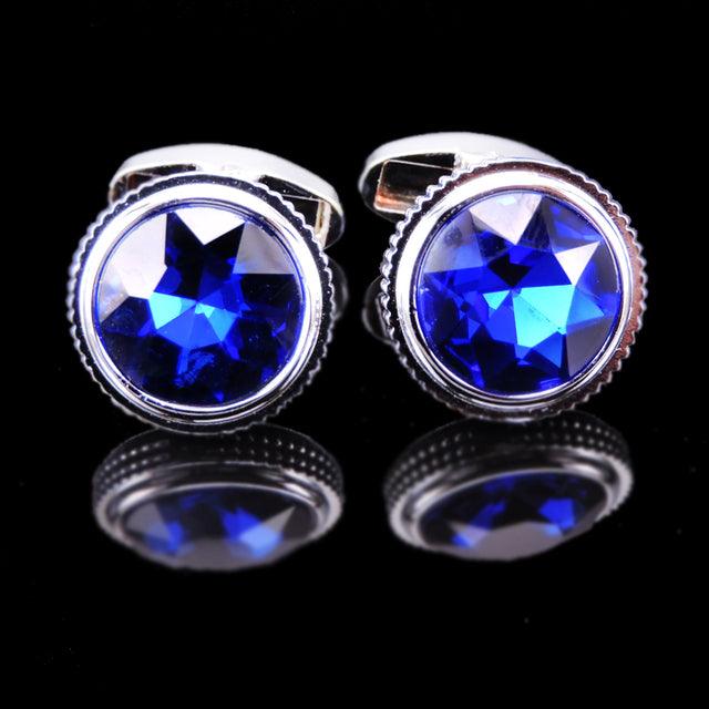 Luxury Men Shirt Cufflinks New Fashion Blue Crystal Cufflinks Gorgeous Elegant Round Cufflinks Wedding Gifts Party Cufflinks