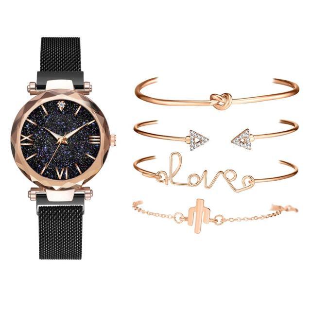 Luxury Rose Gold Starry Sky Dial Watches Women Crystal Bracelet Quartz Wrist Watch 5 PCS Set Women Ladies Watches Starry Sky Magnet Buckle Dial Diamond Cutting Mesh Straps Bracelet Wristwatch