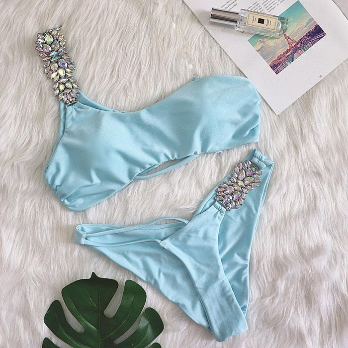 Luxury Shiny Diamond Bikini Solid One Shoulder High Cut Push Up Swimsuit Female Crystal Bathing Suit Swimwear One-Shoulder Bikini Set High Waisted Cutout Swimsuit Crop Top Bathing Suit