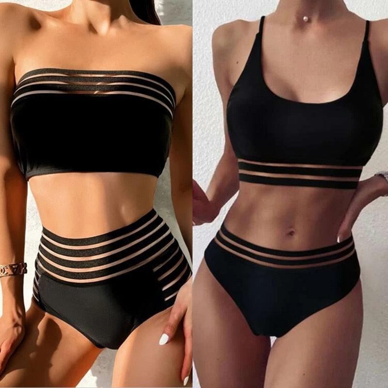 Luxury Women Black Bikini High Waist Swimwear Female 2 Pieces Set Swimsuit Bathing Suit Women Beach Women's High Waisted Bandage Bikini Set Two Piece Push Up Swimsuits