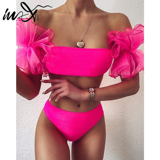 Mesh Ruffle Swimsuit Female Bikini Strapless Swimwear Women High Waist Bikini Set Black Pink Bathing Suit Women Ruffle Bikini Yellow Swimsuit Two Piece Flounce Bathing Suit Set