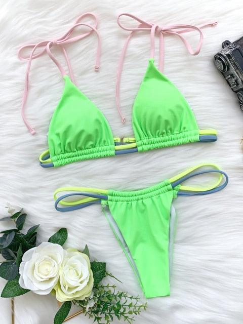 Micro Bikini Set For Women Black Blue Green Pink String Swimwear Women's Halter String Triangle Bikini Set Charming Swimwear Two Piece Swimsuit Women's Swimsuit Push Up Bathers Bathing Suit Bikinis