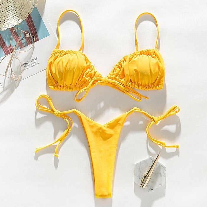 Micro Bikinis String Swimsuit Female Pleated Bikini Set Yellow Swimwear Women Mini Bathing Suit Tie Side Triangle Bikini Set String 2 Piece Cheeky Cut Swimsuits for Women