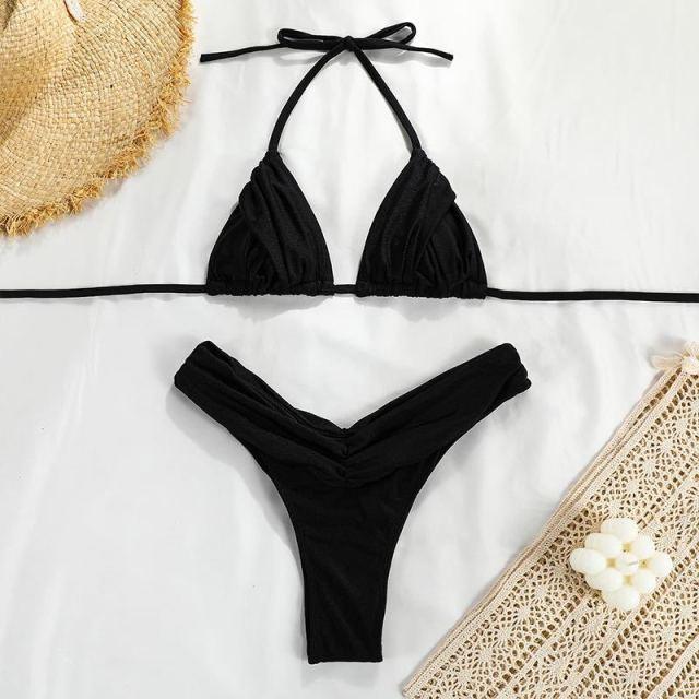 Micro Pleated Bikini Women Swimsuit Halter Bikini Set Triangle Swimwear Female Beach Wear Bathing Suit Two Piece Bikini Double Shoulder Straps Cute Swimsuit Triangle Bathing