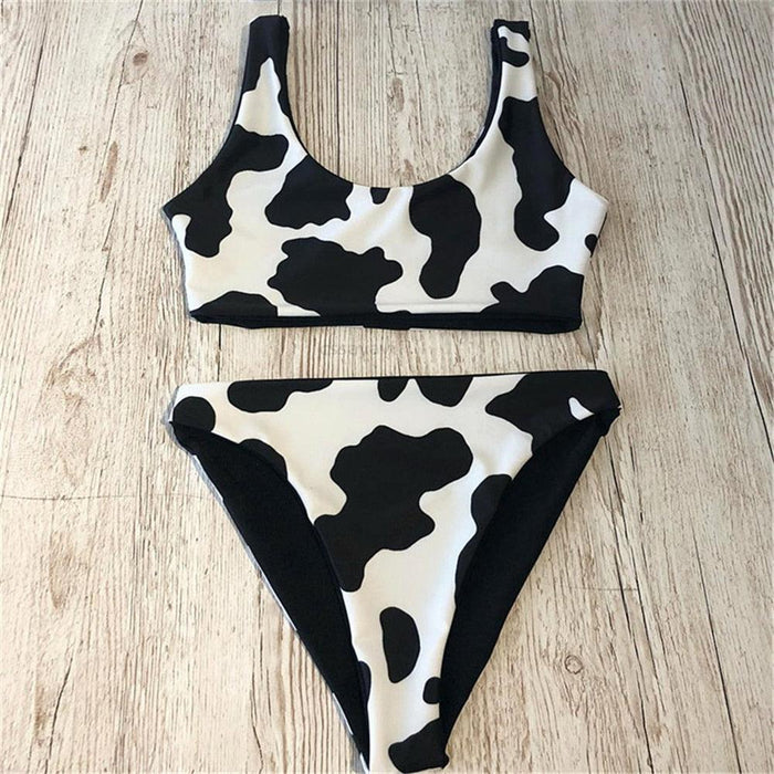 Modern Bikini New Black White Print Swimsuit Women Two Pieces Push Up Swimming Suit For Women Beach Swimwear Women's 2 Piece Swimsuits Cow Print Scoop Neck High Waist Stretchy Bikini Set