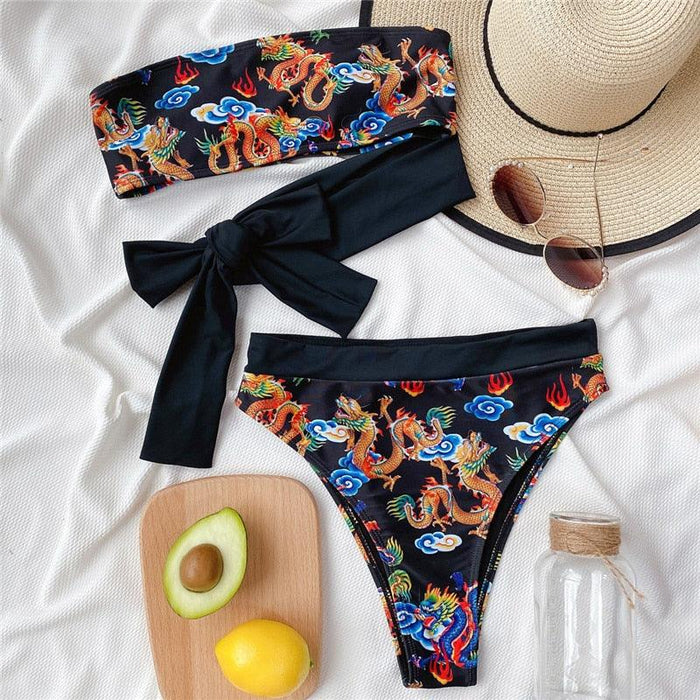 Modern Blue High Waist Bikini Push Up Swimwear Women Dragon Printed Bikini Set Retro Swimsuit Women's High Waist Bikini Swimsuits Twist Push Up Two Piece Bathing Suits Tummy Control Swimwear