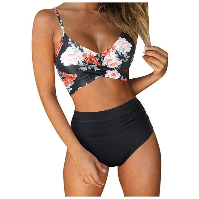 Modern Floral Bikini 2 Pieces Flower Print Bikini Set Women Crisscross High Waist String 2 Piece Bathing Suits High Waist Women's Swimsuit Shorts Solid Bikini Floral Summer Bikini Set