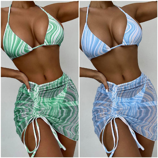 Modern Print Bikini Triangle Swimsuit  Bikini 3 Piece Set Women's Swimsuit with Short Mesh Sheer Wrap Cover Ups Beach Skirt Bathing Suit Women Halter Swimwear Women Skirt 3 Pieces Set Elegant Bathing Suit Beach Wear