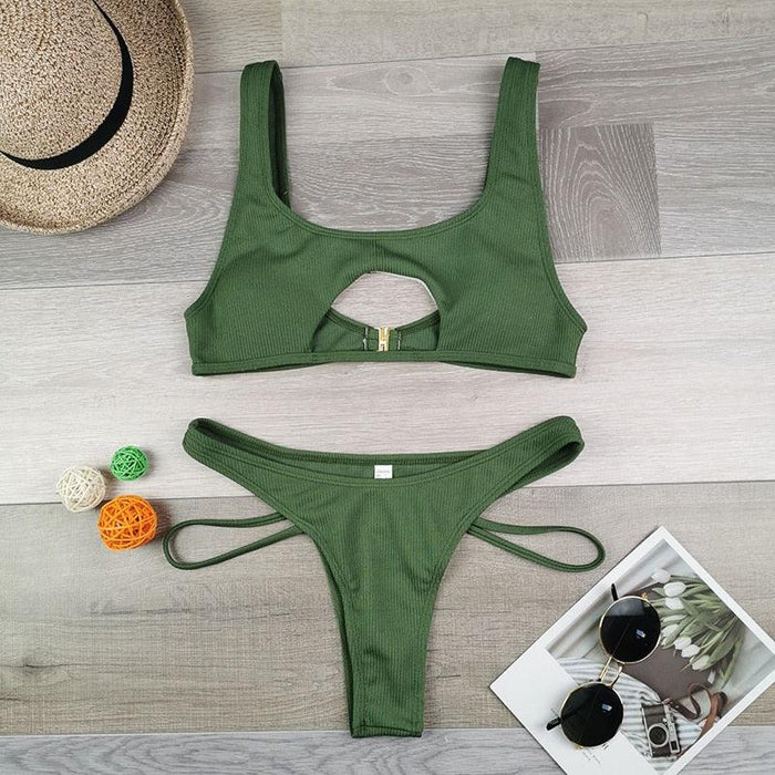 Modern White Bikini Hollow Out Swimsuit Female High Cut Swimwear Solid Fashion Bathing Suit Beach Wear Women's Front Cutout Bikini Sets Two Piece Summer Party Bathing Suits