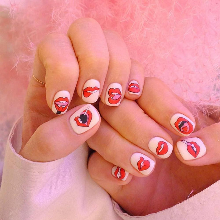 Nail Art Stickers Red Lips Nails Decals Sticker Hot Sexy Girl Tip Back Glue Decal Cool Lollipop Self Adhesive Acrylic Tips Tool Decoration White Feather Lace Flower Leaf Carving Design Exquisite Pattern Nail Art Supplies Self-Adhesive Nail