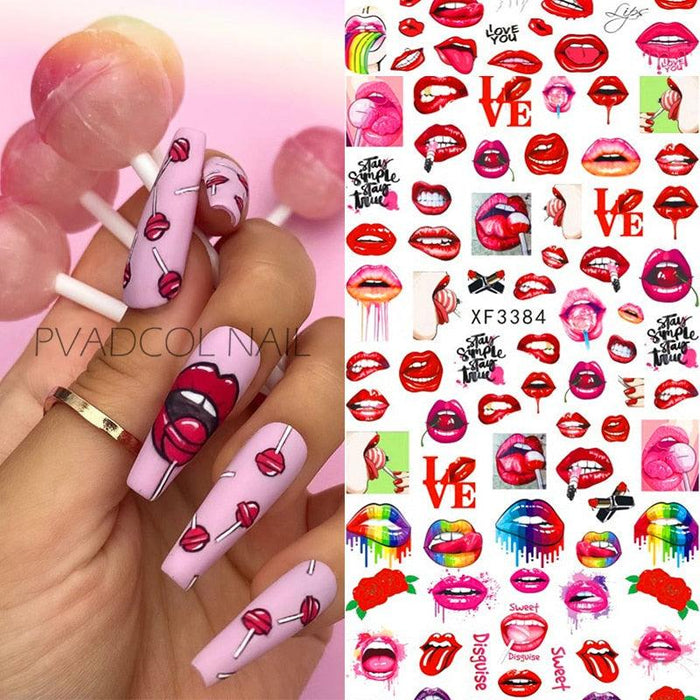 Nail Art Stickers Red Lips Nails Decals Sticker Hot Sexy Girl Tip Back Glue Decal Cool Lollipop Self Adhesive Acrylic Tips Tool Decoration White Feather Lace Flower Leaf Carving Design Exquisite Pattern Nail Art Supplies Self-Adhesive Nail