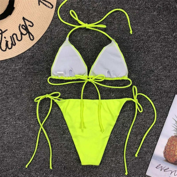 Neon Pink Bikini Women Swimwear Halter Swimsuit Female Two-Pieces Bikini Set Swimwear Halter String Triangle Bikini Sets Bather Bathing Suit Swim