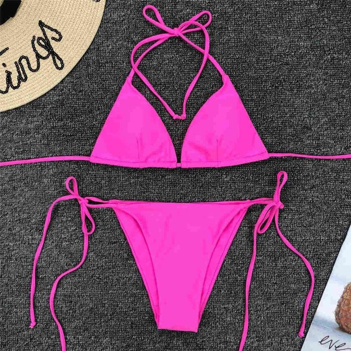 Neon Pink Bikini Women Swimwear Halter Swimsuit Female Two-Pieces Bikini Set Swimwear Halter String Triangle Bikini Sets Bather Bathing Suit Swim