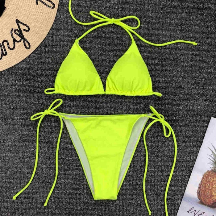 Neon Pink Bikini Women Swimwear Halter Swimsuit Female Two-Pieces Bikini Set Swimwear Halter String Triangle Bikini Sets Bather Bathing Suit Swim