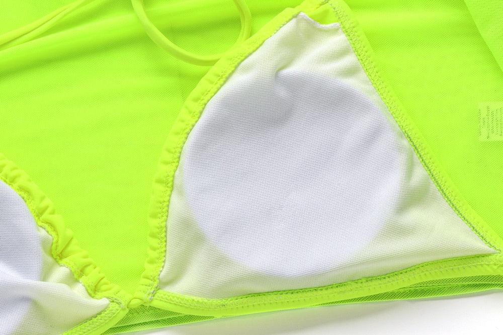 Neon Yellow Crop Top Swimwear Women Summer 3 Pieces Swimsuit Bikini Sets With Sheer Crop Top Cover Up Beachwear Mesh Long Sleeve Cover Ups Top Three Piece Swimsuit Bikini Set