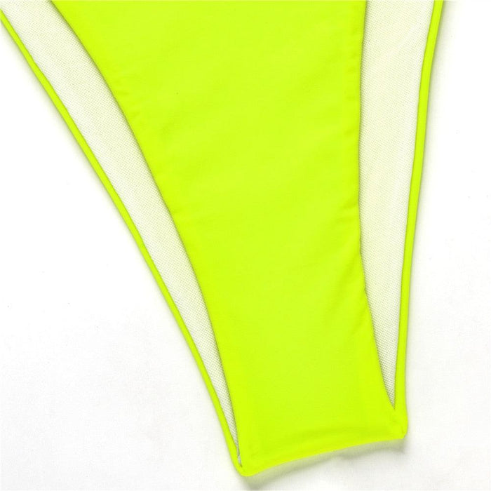 Neon Yellow Crop Top Swimwear Women Summer 3 Pieces Swimsuit Bikini Sets With Sheer Crop Top Cover Up Beachwear Mesh Long Sleeve Cover Ups Top Three Piece Swimsuit Bikini Set