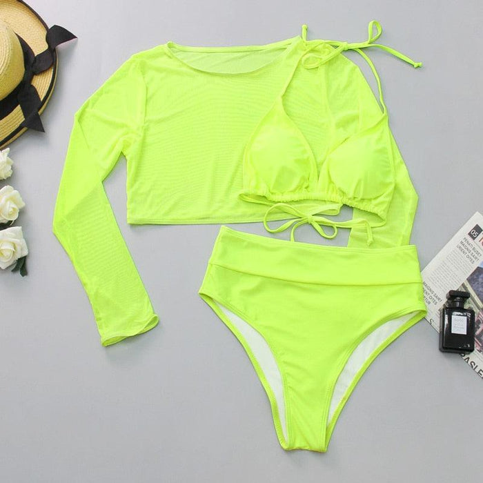 Neon Yellow Crop Top Swimwear Women Summer 3 Pieces Swimsuit Bikini Sets With Sheer Crop Top Cover Up Beachwear Mesh Long Sleeve Cover Ups Top Three Piece Swimsuit Bikini Set