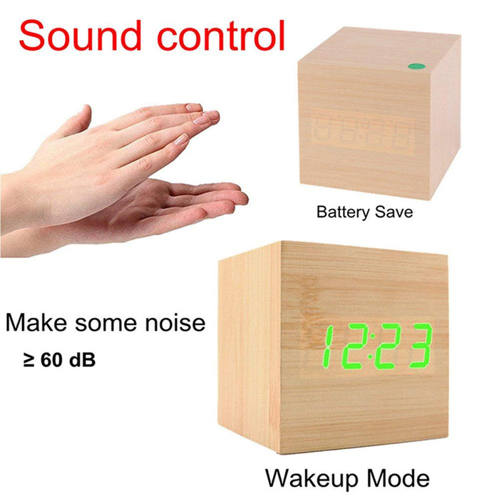 New Arrival Wooden LED Alarm Clocks Temperature Electronic Clock Digital Alarm Clock with Wooden Electronic LED Time Display 3 Dual Plus Alarm Cubic Small Mini Wood Made Electric Sounds Control Digital LED Display Desktop Calendar Table clock